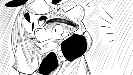 anthro arm_around_shoulders bandanna_on_forehead bodily_fluids cloak clothing crown duo female headgear hug interrupted muffler sweat tiara dragonweirdo bless_(dragonweirdo) tula_(dragonweirdo) american_opossum domestic_ferret mammal marsupial mustelid musteline true_musteline weasel 16:9 hi_res monochrome widescreen