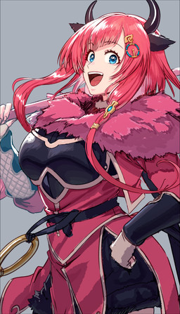 accessory armor axe black_border black_bottomwear black_clothing black_skirt blue_eyes border bottomwear clothing dress female fur_collar grey_background hair hair_accessory horn light_body light_skin pink_hair red_clothing red_dress red_hair simple_background skirt aduti_momoyama fire_emblem fire_emblem_shadows nintendo carina_(fire_emblem) animal_humanoid bovid bovid_humanoid bovine bovine_humanoid cattle_humanoid horned_humanoid humanoid mammal mammal_humanoid absurd_res hi_res