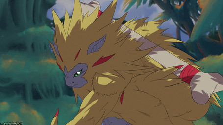 anthro bone butt detailed_background fur glaring glaring_at_viewer male screencap_redraw solo yellow_body yellow_fur goichimonji bandai_namco digimon apemon digimon_(species) haplorhine mammal monkey primate 16:9 hi_res widescreen