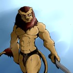 abs anthro bottomwear brown_mane bulge clothing detailed_bulge fur holding_melee_weapon holding_object holding_sword holding_weapon light loincloth male mane melee_weapon muscular scar scars_all_over sky solo sunlight sword tail tail_tuft tan_body tan_fur tuft warrior weapon pandottermon felid lion mammal pantherine hi_res