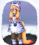 anthro belt blonde_hair blood blood_on_tail blue_eyes blush bodily_fluids border clothed clothing costume dress female footwear fur fur_trim_(clothing) gloves grey_eyes hair handwear heterochromia highlights_(coloring) hood legwear looking_at_viewer medallion multicolored_hair outside pantyhose paw_gloves paw_shoes pink_hair shoes smile snow solo tiger_costume two_tone_hair yellow_body yellow_fur young young_female alyrise chinese_zodiac year_of_the_tiger nas_(alyrise) canid canine canis domestic_dog mammal 2022 hi_res