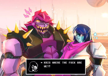 angry anthro autobot bracelet clothed clothing detailed_background dialogue duo eyewear female hair humor jewelry machine male obscured_eyes parody profanity purple_body purple_hair sharp_teeth spiked_bracelet spikes style_emulation sunglasses teeth text text_box yellow_eyes baimonbluewhale deltarune hasbro kris_where_are_we takara_tomy transformers undertale_(series) kris_dreemurr susie_(deltarune) dinosaur human humanoid hybrid mammal prehistoric_species reptile robot scalie 2021 english_text hi_res meme signature