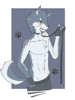 4_fingers anthro belly belt black_nose blue_background blue_body blue_fur blush blush_lines border bottomwear chest_tuft clothing collar denim denim_bottomwear denim_clothing fingerless_gloves fingers footprint fur gloves green_eyes grey_body grey_fur handwear inner_ear_fluff jeans leash leash_pull male navel pants pawprint simple_background solo tuft white_belly white_body white_border white_fur white_inner_ear_fluff ul_(artist) canid canine fox mammal 3:4 hi_res