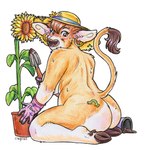 anthro back_boob barefoot blush bodily_fluids breasts brown_body brown_eyes brown_fur butt clothing cloven_hooves dewclaw_hooves ear_piercing ear_ring feet female flower flower_pot fur gardening gloves handwear hat headgear headwear holding_object holding_tool hooves kneeling larva looking_back mostly_nude piercing plant raised_tail ring_piercing simple_background slightly_chubby solo sun_hat sunflower sweat tail tail_tuft tools trowel tuft white_background work_gloves kantachibli jaqueline_(nicnak044) arthropod bovid bovine caterpillar cattle insect mammal artist_name hi_res traditional_media_(artwork)