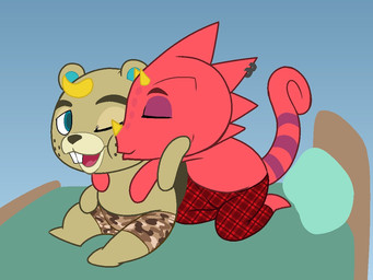 anthro beaver_tail bed bedroom black_nose black_tail blue_eyes bottomwear brown_body brown_bottomwear brown_clothing brown_ears brown_fur brown_shorts buckteeth clothing duo ear_piercing ear_ring eyes_closed fur furniture hair hand_on_chest hand_on_face inside kissing_cheek kneeling kneeling_on_bed looking_at_another love male male/male multicolored_body multicolored_bottomwear multicolored_clothing multicolored_fur multicolored_pants multicolored_shorts on_bed one_eye_closed one_eye_half-closed orange_hair pants piercing pillow purple_tail red_body red_bottomwear red_clothing red_pants red_scales red_tail ring_piercing romantic romantic_couple scales shorts sitting sitting_on_bed tail teeth tongue two_tone_body two_tone_fur two_tone_tail yellow_nose achromasloth animal_crossing nintendo c.j._(animal_crossing) flick_(animal_crossing) beaver chameleon lizard mammal reptile rodent scalie 2020 4:3 digital_media_(artwork)