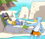 anthro beach bottomwear clothing duo male seaside shorts swimming swimming_trunks swimwear kitsune2000 nintendo pokemon avian generation_1_pokemon generation_2_pokemon golduck houndour pokemon_(species)