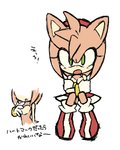 angry anthro biped blush boots clothing covering covering_chest covering_self dress embarrassed featureless_chest female footwear fur gloves green_eyes handwear heart_(marking) markings open_mouth pink_body pink_fur red_clothing red_dress shoes simple_background sitting solo text white_background bukikobuta sega sonic_the_hedgehog_(series) amy_rose eulipotyphlan hedgehog mammal 2013 4:5 japanese_text low_res translated