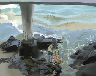 beach blue_body blue_fur bridge clothing duo fur male male/male rock sea shirt t-shirt topwear water yellow_body yellow_fur lee2026 canid canine domestic_cat felid feline felis humanoid mammal hi_res