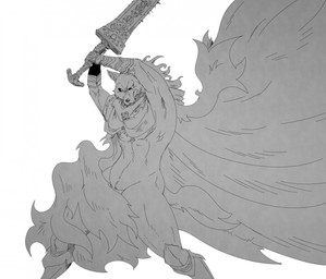anthro convenient_censorship fur hair holding_melee_weapon holding_object holding_sword holding_weapon male melee_weapon nude nude_anthro nude_male raised_arms solo standing sword weapon reagan700 elden_ring fromsoftware blaidd_(elden_ring) canid canine canis mammal wolf 2026 hi_res monochrome