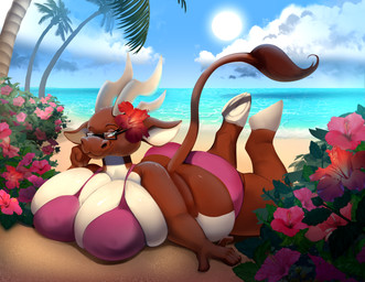 accessory anthro beach big_breasts bikini breasts brown_body brown_fur clothing day detailed_background eyewear female flower flower_in_hair fur glasses hair hair_accessory hooves lying on_front outside overweight overweight_female palm_tree pink_bikini pink_clothing pink_swimwear plant sand shrub smile solo sun swimwear tail tree two-piece_swimsuit water lochamotion bovid bovine cattle mammal 2024 digital_media_(artwork) hi_res