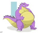 anthro back_ridge belly big_belly green_eyes male purple_body scales solo spike_ridge standing tail thick_tail thick_thighs yellow_belly canson octariax alligator alligatorid crocodilian reptile scalie absurd_res hi_res