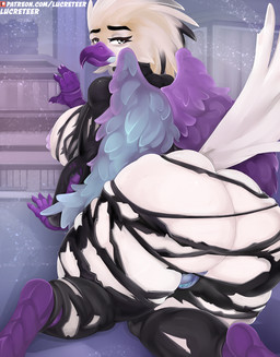 anthro butt female genitals latex macro pose solo vulva wide_hips wings lucreteer accipitriform avian bird osprey hi_res pinup