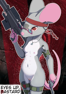 accessory anthro bad_trigger_discipline barrett_m82 breasts earbuds electronics eyewear female genitals glasses gun handgun headband headphones holding_object holding_weapon knife looking_at_viewer multi_nipple nipples nude ranged_weapon red_eyes revolver rifle simple_background small_breasts sniper_rifle solo squish tail thick_thighs thigh_squish trigger_discipline vulva weapon wide_hips jampalanga mammal mouse murid murine rodent absurd_res digital_media_(artwork) hi_res