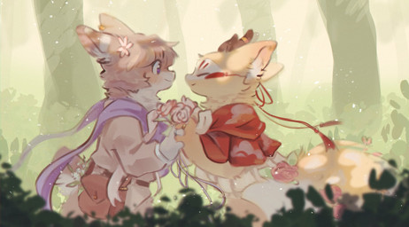 anthro blush brown_body brown_fur digit_ring duo forest fur hand_holding horn jewelry male male/male married_couple mask plant ring romantic romantic_ambiance scarf smile tree wedding_ring sabiksphinx fabulous_beasts sibuxiang_the_deer_(fabulous_beasts) tuye_(fabulous_beasts) lagomorph leporid mammal rabbit hi_res