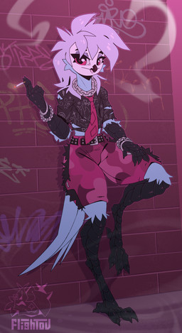 accessory against_surface against_wall alternative_fashion anthro avian_feet beak blue_body bottomwear bracelet brick brick_wall chain_collar cigarette cigarette_smoke claws clothed clothed_anthro clothing collar fade_sunshine feathered_tail feathers feet fully_clothed goth hair hand_on_hip jewelry leaning leaning_on_wall looking_at_viewer male on_one_leg one_leg_up punk raised_leg smoke solo standing tail toes topwear wall_(structure) flightov hellaverse helluva_boss fan_character avian bird owl hi_res