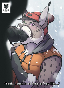 animal_genitalia animal_penis anthro ball_fondling balls beanie cheek_tuft clothed clothing countershading disembodied_penis duo ear_tuft equine_genitalia equine_penis erection facial_tuft fellatio fondling fur genitals green_eyes grey_body grey_fur hair handwear hat headgear headwear heterochromia hoodie inner_ear_fluff male male/male oral penile penis purple_eyes sex silhouette simple_background sleeveless_hoodie snow snowing solo_focus spots sucking text topwear tuft white_body white_fur winter d3mo lunatik taro_tufts felid feline lynx mammal 2017 dated digital_drawing_(artwork) digital_media_(artwork) english_text hi_res subtitled