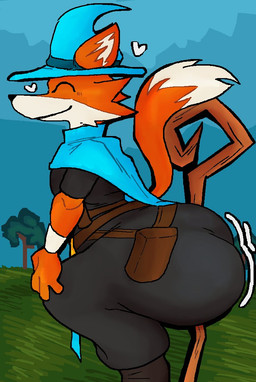 anthro belt big_butt black_bodysuit black_boots black_clothing black_footwear black_nose black_skinsuit blue_cape blue_clothing blush bodysuit boots butt cape clothed clothing crouching eyes_closed footwear fur grass hat headgear headwear heart_symbol huge_butt magic_user male multicolored_body object_between_cheeks on_grass on_ground orange_body orange_ears orange_fur orange_tail outside plant shoes side_view skinsuit smile solo staff tail thick_thighs tight_clothing tree two_tone_body two_tone_tail utility_belt white_body white_fur white_tail white_wristband wizard_hat wristband awakecore megabonk fox_(megabonk) canid canine canis fox mammal 2026 digital_media_(artwork)