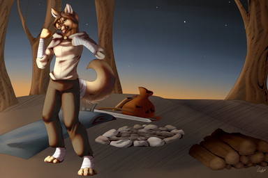 4_toes anthro arrow_(weapon) backpack biped bow_(weapon) breasts campfire campsite clothed clothing digitigrade fangs feet female fight fist fully_clothed fur hair humanoid_hands log melee_weapon night open_mouth quiver_(object) ranged_weapon sleeping_bag snarling solo sword teeth text toes tongue weapon wood kelliker katja_(baldrek) canid canine canis mammal wolf english_text signature