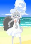 anthro beach blue_eyes blush clothing cloud detailed_background female fur grey_body grey_fur grey_hair hair hat headgear headwear kemono long_hair open_mouth outside sand seaside sky solo water kin-shun moco_(kin-shun) canid canine canis mammal wolf digital_media_(artwork)