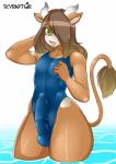 anthro biped blue_clothing blue_swimwear blush brown_body brown_fur bulge clothed clothing crossdressing curvy_figure detailed_bulge femboy fur genital_outline green_eyes hair hair_over_eye horn lips long_hair looking_at_viewer male nipples one-piece_swimsuit one_eye_obstructed open_mouth pear-shaped_figure penis_outline simple_background small_waist solo sport_swimsuit standing swimwear thick_lips thick_thighs tight_clothing water white_background wide_hips skyraptor harley_(moo) bovid bovine cattle mammal absurd_res hi_res