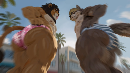 anthro beach big_butt bottomwear butt clothed clothing looking_at_viewer looking_back looking_back_at_viewer low-angle_view male male/male pattern_bottomwear pattern_clothing skimpy speedo striped_bottomwear striped_clothing stripes swimwear thick_thighs tongue tongue_out topless wide_hips worm's-eye_view canid canine canis felid lion mammal pantherine wolf