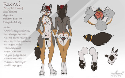 animal_genitalia animal_vulva anthro anus aroused bangs bite_mark breasts butt butt_grab canine_genitalia canine_vulva cervical_piercing cervix cervix_view digitigrade female female_anthro genital_piercing genitals hand_on_butt in_heat nipples piercing red_eyes scar scratches slim solo spread_vulva spreading tail tattoo text tongue tongue_out vulva vulva_piercing xleb0rezka rumi_(xleb0rezka) canid canine canis coyote hybrid mammal wolf english_text hi_res model_sheet