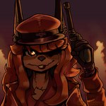 amber_eyes anthro black_nose brandishing brown_body brown_fur brown_lips chest_tuft clothing cropped_ears female fur gloves gun hair handgun handwear hat headgear headwear holding_object holding_weapon jacket lips long_hair military_cap military_uniform one_eye_obstructed orange_hair peaked_cap raised_hand ranged_weapon revolver smile smirk solo topwear tuft uniform weapon volktrot cyberconnect2 fuga:_melodies_of_steel little_tail_bronx flam_kish canid canine caninu canis dobermann domestic_dog mammal pinscher 1:1 absurd_res bust_portrait hi_res portrait