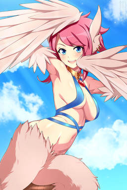 biped blue_clothing blue_eyes blush bottomless breasts clothed clothing cloud female furgonomic_piercing furgonomics hair looking_at_viewer open_mouth outside piercing pink_hair pupils smile solo thick_thighs winged_arms wings lindaroze european_mythology greek_mythology mythology avian harpy humanoid mythological_avian mythological_creature 2:3 hi_res