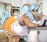 5_fingers anthro apron belly bent_over big_belly blue_body blue_fur blue_hair bottomwear breasts brown_body clothed clothing electronics eyebrows female fingers fur hair inside pregnant pregnant_anthro pregnant_female purple_eyes skirt solo tablet tablet_computer text thick_thighs tusks tiggybloom nala_(dawnymoo) elephant elephantid mammal proboscidean 2022 artist_name digital_media_(artwork) shaded