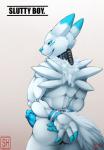 anthro bandai_namco bdsm blue_eyes blue_nose blue_penis butt canid canine cuff_(restraint) digimon digimon_(species) digital_media_(artwork) english_text erection fur genitals grin handcuffs hi_res looking_back male mammal metal_cuffs muscular muscular_anthro muscular_male penis renamon restraints shackles shaded simple_background smile solo spazzyhusky teeth text