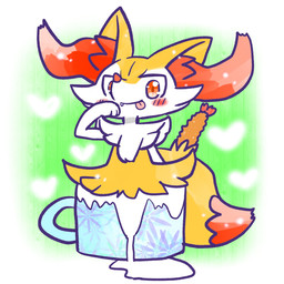 ambiguous_anthro ambiguous_fluids ambiguous_gender anthro biped blush blush_stickers closed_smile container cup cute_fangs dipstick_tail fangs food front_view hand_to_mouth heart_symbol in_container in_cup looking_at_viewer markings micro mouth_closed mug object_in_tail outline shrimp_(food) simple_background smile solo standing tail tail_markings teeth tongue tongue_out annyui0611 nintendo pokemon braixen canid generation_6_pokemon mammal pokemon_(species) 1:1 2024 digital_drawing_(artwork) digital_media_(artwork) hi_res japanese_description translated_description