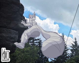 anthro arms_bent big_ears big_tail butt cheek_tuft climbing clothing cloud cloudy_sky facial_tuft footwear footwear_only forest head_tuft looking_at_viewer looking_down looking_down_at_viewer male markings mostly_nude open_mouth plant presenting presenting_hindquarters rock rock_wall shoes shoes_only sky solo striped_markings striped_tail stripes tail tail_markings tree tuft kamidrawsart canid canine fox mammal 5:4 cel_shading guide_lines hi_res shaded sketch watermark