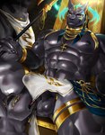 abs absurd_res accessory anthro anubian_jackal anubis balls biceps biped black_balls black_body black_fur black_penis blush bodily_fluids canid canine canis claws clothed clothing cock_ring deity duo egyptian egyptian_mythology english_text erection erection_under_clothing finger_claws fur genitals gold_(metal) gold_jewelry grin hi_res humanoid_genitalia humanoid_penis ig ig1119 jackal jewelry looking_at_viewer male male/male mammal middle_eastern_mythology muscular muscular_anthro muscular_male mythology navel nipples open_mouth pecs penis penis_accessory penis_jewelry red_eyes sitting smile sweat text
