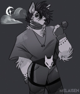 alternative_fashion ambiguous_anthro ambiguous_gender anthro arm_tuft belt belt_collar bottomwear clothed clothed_ambiguous clothed_anthro clothing cloud crescent_moon elbow_tuft electronics emo fully_clothed fully_clothed_ambiguous fully_clothed_anthro grey_background holding_microphone holding_object jewelry microphone mohawk moon mouth_closed necklace pants punk sad shirt simple_background solo standing t-shirt text topwear tuft melaisen canid canine mammal 2023 absurd_res artist_name digital_drawing_(artwork) digital_media_(artwork) english_description hi_res portrait three-quarter_portrait