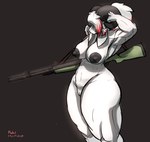 anthro big_breasts big_nipples black_nipples breasts eyewear female fur genitals glasses hair holding_object holding_weapon horn male muscular muscular_anthro muscular_female nipples nude pussy ranged_weapon simple_background solo thick_thighs weapon white_body white_fur hellpup_(artist) magnolia_leclerc_(hellpup) bovid caprine mammal sheep hi_res