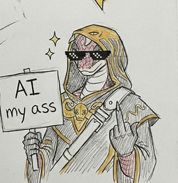 ai_generated_media_(subject) anti-ai clothing eyewear gesture glasses hand_gesture male middle_finger raised_finger robe rude_gesture sign solo text wearing_glasses crimsnek sszadras_(crimsnek) bush_viper old_world_viper reptile scalie snake viper colored_pencil_(artwork) partially_colored traditional_media_(artwork)
