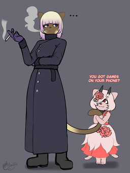 anthro cigarette clothed clothing coat dialogue duo female female/female flower_accessory lala_barina_armor larger_female pink_body purple_eyes red_eyes simple_background size_difference smoking smoking_cigarette tail tail_hug text topwear trenchcoat catsockjus bella_(catsockjus) teora_(catsockjus) domestic_cat felid feline felis mammal siamese_cat 3:4 english_text hi_res