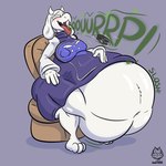 1:1 anthro anthro_pred belly big_belly big_breasts blush bovid breasts burping burping_up_collar burping_up_object caprine chair clothing collar crossover digital_media_(artwork) dress duo female female/female female_pred female_prey floppy_ears fully_inside furniture goat hand_on_belly hi_res huge_belly imafetish lop_ears mammal navel nipple_outline open_mouth oral_vore sitting spiked_collar spikes struggling sweater toony topwear toriel turtleneck undertale undertale_(series) uvula vore white_body