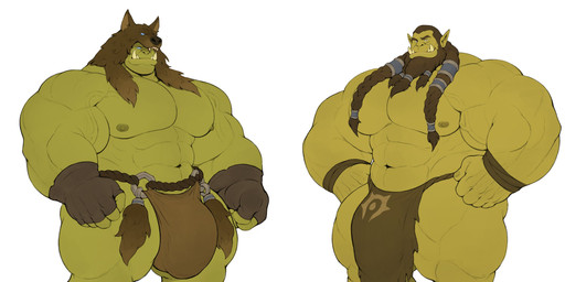 abs beard big_muscles big_pecs bottomwear bulge clothing detailed_bulge duo facial_hair fangs genital_outline green_body green_skin huge_muscles huge_pecs humanoid_pointy_ears loincloth male muscular muscular_humanoid muscular_male nipples pecs penis_outline pointy_ears teeth underwear zne43 blizzard_entertainment warcraft thrall_(warcraft) humanoid orc absurd_res hi_res