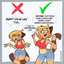 ahoge anthro arm_tuft blonde_hair blue_eyes bottomwear breasts check_mark choker cleavage clothed clothed_anthro clothed_female clothing crop_top denim denim_bottomwear denim_clothing denim_shorts dialogue elbow_tuft eyebrow_through_hair eyebrows eyelashes facial_tuft female female_anthro fully_clothed fully_clothed_anthro fully_clothed_female fur gesture hair hand_gesture hand_on_hip jewelry long_eyelashes looking_at_viewer markings midriff mole_(marking) mole_on_breast mole_under_eye narrowed_eyes navel necklace open_mouth open_smile raised_eyebrows raised_finger raised_index_finger red_clothing red_shirt red_tank_top red_topwear satire shirt shorts shoulder_tuft simple_background smile solo spots spotted_hips spotted_shoulders standing tail tail_markings talking_to_viewer tan_body tan_fur tank_top tear_trough teeth text tongue topwear translucent translucent_hair tuft white_background wide_hipped_anthro wide_hipped_female wide_hips psicoyote cassandra_(psicoyote) domestic_cat felid feline felis mammal 2026 artist_name digital_drawing_(artwork) digital_media_(artwork) english_text hi_res