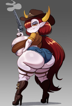areola big_breasts big_butt biped boots breasts butt clothing cowboy_hat female footwear front_view gun hair hair_over_eye handgun hat headgear headwear high_heeled_boots high_heels holding_gun holding_object holding_ranged_weapon holding_weapon horn not_furry ranged_weapon red_hair revolver shoes weapon white_body illustratorfake disney star_vs._the_forces_of_evil hekapoo horned_humanoid humanoid absurd_res hi_res