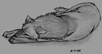 ambiguous_gender claws ears_down feral fur grey_background lying paws pivoted_ears simple_background snout solo tail unknown_artist canid canine canis mammal wolf 2002 dated graphite_(artwork) greyscale monochrome traditional_media_(artwork)