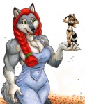 anthro big_breasts braided_pigtails breasts clothing duo extreme_size_difference female green_eyes hair holding_character medium_breasts micro micro_in_hand midriff overalls pigtails red_hair size_difference tail underwear megan_giles allison_(viper45) rebecca_(viper45) canid canine canis mammal wolf