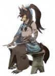 anthro bench biped braided_hair brown_hair claws clothed clothing female hair holding_object horn melee_weapon on_bench polishing ponytail rock simple_background sitting solo sword weapon white_background kaiserbyte lingrimm raakel canid canine fox mammal 2017 hi_res