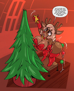 anal_beads anthro antlers armwear bell bell_collar big_breasts biped bodily_fluids breasts brown_body butt christmas_tree clothing collar dialogue elbow_gloves eyelashes female fur glistening glistening_body gloves hair handwear holidays horn legwear multicolored_body plant pupils sex_toy shortstack speech_bubble text thick_thighs thigh_highs tree carlos_jurado_cartoons christmas marie_christy_(cjr_cartoons) deer mammal new_world_deer reindeer english_text hi_res