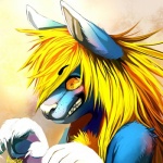 ambiguous_gender anthro blonde_hair blue_body blue_fur fur hair solo teeth white_body white_fur yellow_eyes fiuefey kazuzufur felid hybrid mammal 1:1