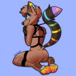 4_toes anthro bdsm biped blue_eyes blush bondage bound brown_body brown_fur butt feet femboy fur hindpaw male pawpads paws rainbow sitting solo super_gay toes wariza artiskarushi dakotasoftpaw mammal procyonid raccoon 1:1