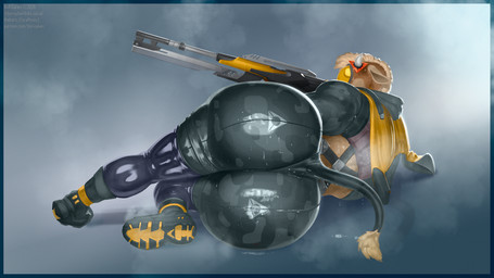 anthro big_butt bodily_fluids bodysuit bottom_heavy butt butt_focus clothed clothing femboy fully_clothed gun horn huge_butt huge_hips latex latex_clothing latex_skinsuit lying male musk on_side ranged_weapon rear_view skinsuit solo sweat sweaty_butt tail tail_tuft text thick_thighs tight_clothing tuft weapon wide_hips borisalien mihoyo zenless_zone_zero trigger_(zenless_zone_zero) bovid bovine mammal 16:9 hi_res url widescreen