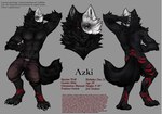 anthro black_body black_fur bottomwear clothing fur heterochromia male muscular muscular_male pants red_stripes solo stripes text white_body white_fur hungrybox_entertainment azki_(azki_wolf) canid canine canis mammal wolf english_text model_sheet