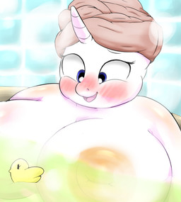 anthro anthrofied bath bathtub big_breasts blue_eyes blush breasts female fur hair horn huge_breasts morbidly_obese morbidly_obese_anthro morbidly_obese_female nipples obese obese_anthro obese_female open_mouth overweight overweight_anthro overweight_female partially_submerged rubber_duck smile solo towel towel_on_head towel_only water white_body white_fur braffy friendship_is_magic hasbro my_little_pony mythology rarity_(mlp) equid equine mammal mythological_creature mythological_equine unicorn digital_media_(artwork)